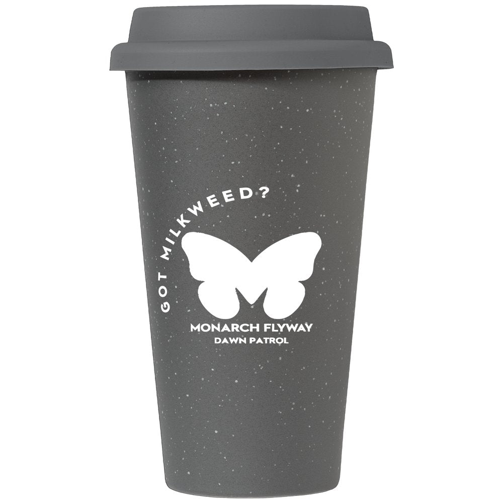 Monarch Flyway “Got Milkweed?” 9oz Ceramic Travel Tumbler with Silicone Lid