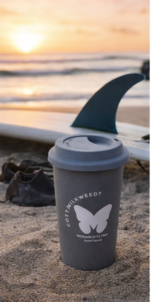 Monarch Flyway “Got Milkweed?” 9oz Ceramic Travel Tumbler with Silicone Lid