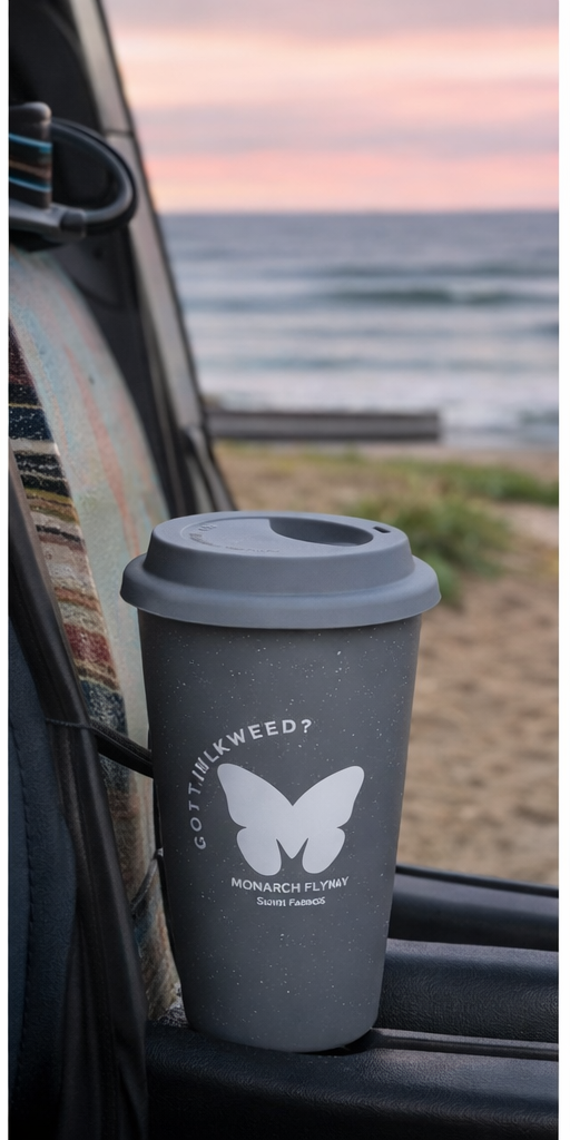 Monarch Flyway “Got Milkweed?” 9oz Ceramic Travel Tumbler with Silicone Lid